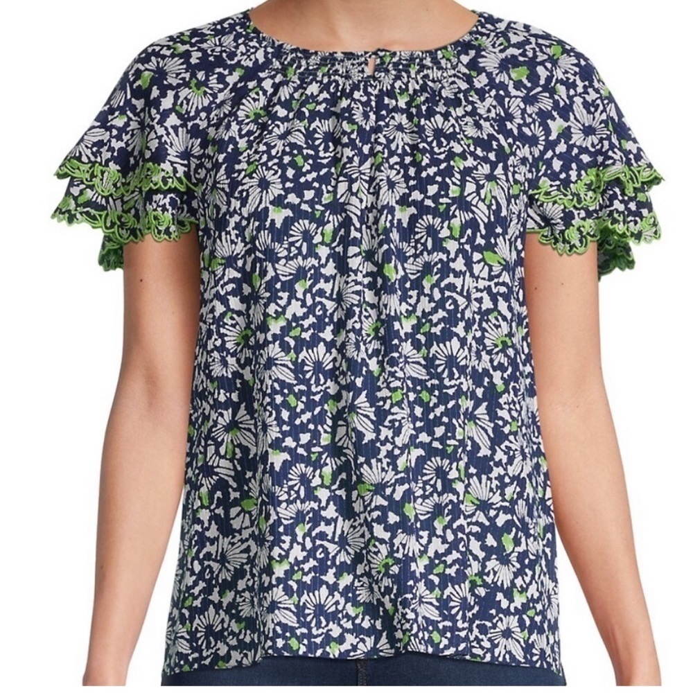 Tanya Taylor Silk Blue Floral Tiered Short Sleeve Pullover Top Small